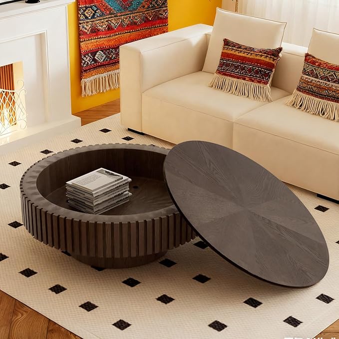 Round Coffee Table with Storage 31.4" Modern Brown Fluted Coffee Table Low Round Storage Drum Pedestal Coffee Tables for Living Room Farmhouse (Brown A 31.4in)