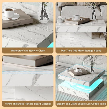 White Marble LED Coffee Table for Living Room, Living Room Table 2-Tier Square Middle Center Table, Modern Coffee Tables with Storage, Contemporary Wood Tea Tables for Dining Reception