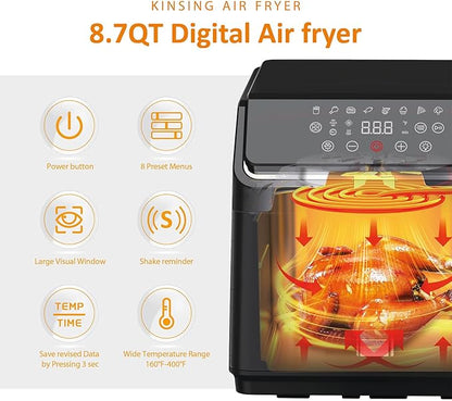 Air Fryer with Window Visible 8-in-1,8.7-Qt Large space,85% Less Oil,Roast, Bake, Dry, Reheat, Frozen, Broil,160-400℉ Even Results With Precise Temperature Control,Dishwasher-Safe