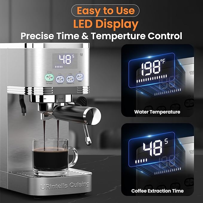 Espresso Machine 20 Bar Temperature Control LED Display Expresso Machine for Home with Steam Milk Frother for Cappuccino Latte Stainless Steel Espresso Maker with Removable Water Tank for Americano