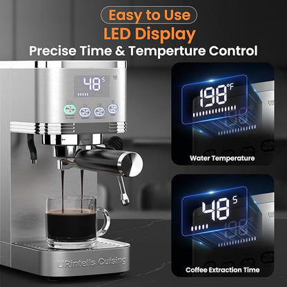 Espresso Machine 20 Bar Temperature Control LED Display Expresso Machine for Home with Steam Milk Frother for Cappuccino Latte Stainless Steel Espresso Maker with Removable Water Tank for Americano