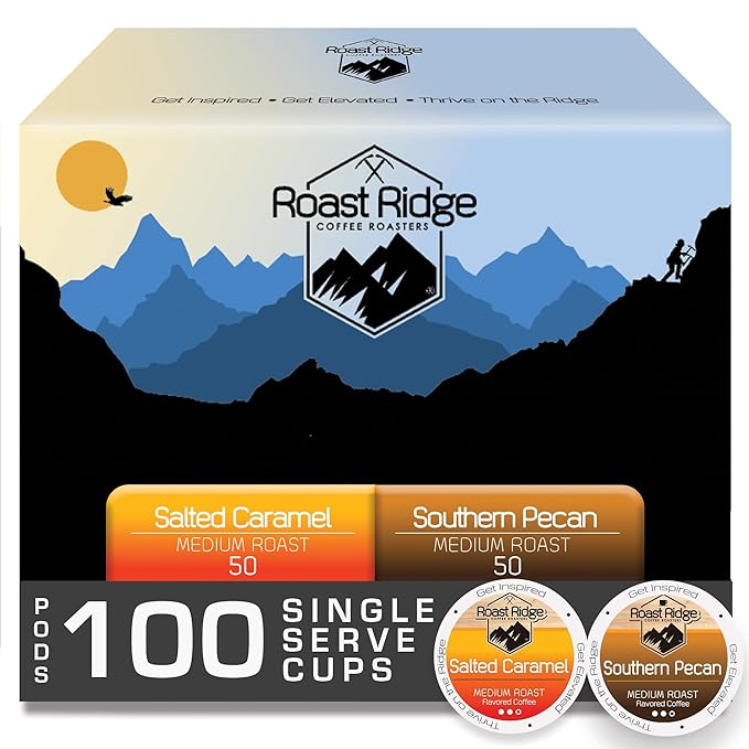 Roast Ridge Single Serve Coffee Pods for Keurig K-Cup Brewers, Variety Pack, Medium Roast, 100 Count (50 each: Salted Caramel, Southern Pecan)