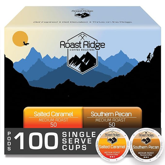 Roast Ridge Single Serve Coffee Pods for Keurig K-Cup Brewers, Variety Pack, Medium Roast, 100 Count (50 each: Salted Caramel, Southern Pecan)