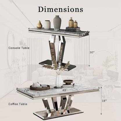 Coffee Table Set, 48 inches Modern Silver Coffee Table with 4 Geometric Mirrored Bases and Rectangular Silver Console Table with Gray Top for Living Room (Coffee Table + Console Table)