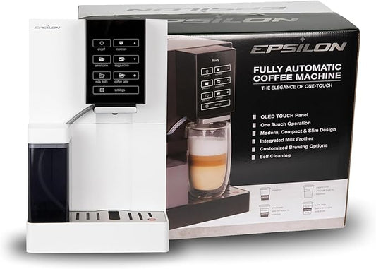 Epsilon Fully Automatic Coffee Machine, Modern One Touch Espresso Machine, Integrated Milk Frother and Custom Brewing Cafe Maker, Compact Countertop Size, Self Cleaning Cafetera (White)