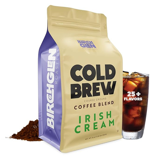 Birch Glen Roasters Cold Brew Coffee | Flavored Coarse Ground Coffee | Medium Roast | Artisanal Roasting | 100% Arabica |1 LB Bag | Irish Cream