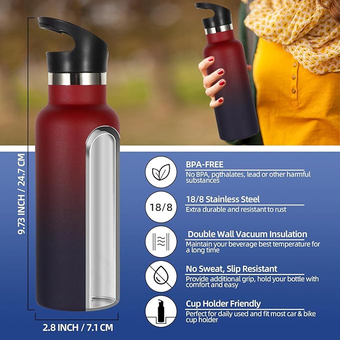 Volhoply 17oz Insulated Water Bottle Bulk 2 Pack,Stainless Steel Kids Water Bottles with Straw Lid,Double Wall Vacuum Metal Cups Water Bottle,Reusable Sports Flask Keep Hot & Cold (Red Purple,2 Set)