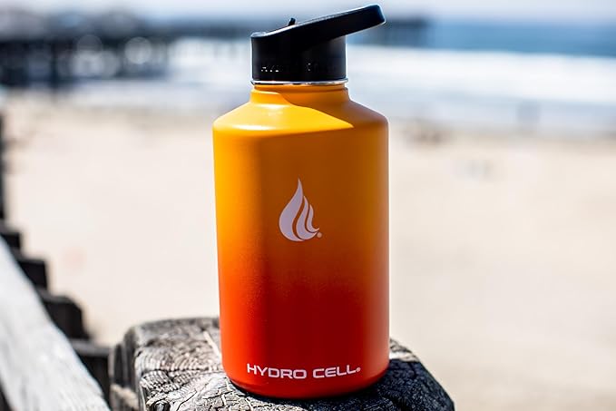 HYDRO CELL Stainless Steel Insulated Water Bottle with Straw - For Cold & Hot Drinks - Metal Vacuum Flask with Screw Cap and Modern Leakproof Sport Thermos for Adults (Red/Orange 64oz)