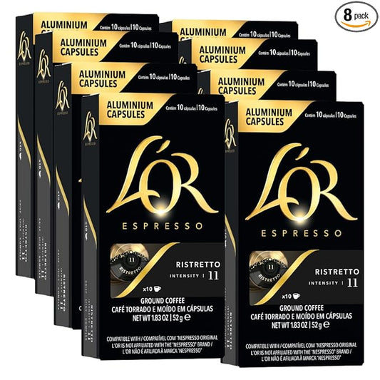 L'OR Espresso Capsules, 80 Count Ristretto, Single-Serve Aluminum Coffee Capsules Compatible with the L'OR BARISTA System & *Nespresso Original Machines, 80 Count (Pack of 8)