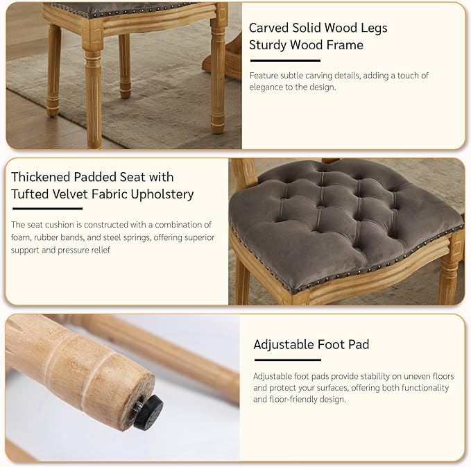 French Country Dining Chairs Set of 8, Vintage Wooden Dining Chairs with Fabric Upholstered Tufted Seat,Solid Wood Legs&Frame, Farmhouse Kitchen&Living Room Chairs(Gray,8 Pcs)