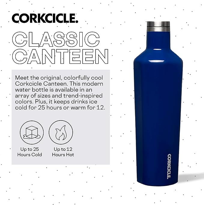 Corkcicle Classic Canteen Insulated Tumbler, Gloss Midnight Navy, 25 oz – Reusable Water Bottle Keeps Beverages Cold for 25 Hours & Hot 12 Hours – Cupholder Friendly Tumbler with Screw-On Cap
