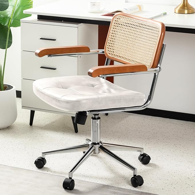 Rattan Office Chairs, Modern Rattan Desk Chair with Natural Back & Wood Armrest, Small Upholstered Tufted Leather Home Office Desk Chairs for Home Office, Bedroom, Study, White