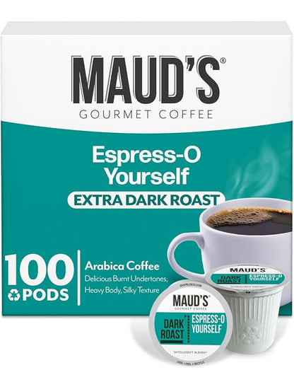 Maud's Espresso Coffee Pods, 100 ct, Dark Roast Coffee in Recyclable Single Serve Pods – 100% Arabica Coffee, Compatible with Keurig K Cups Maker