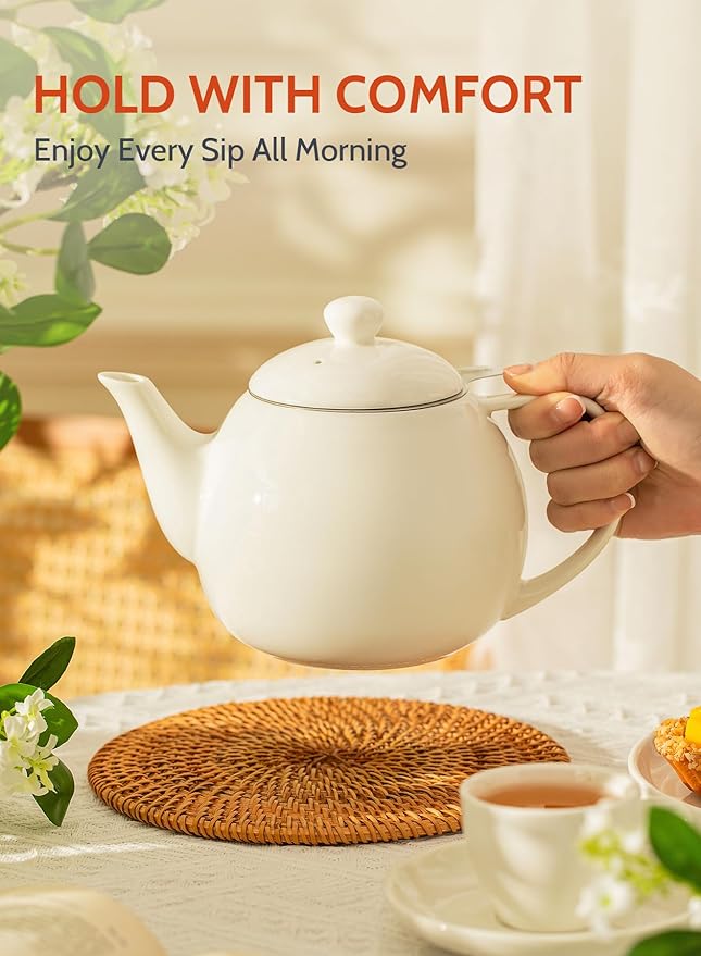 Sweese Teapots for Tea, 27 oz Porcelain Tea pot with Removable Stainless Steel Infuser, Tea Pots for Loose Tea - White