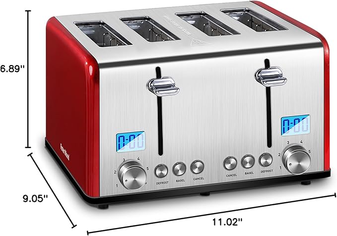 Roter Mond Countdown Stainless Steel 4 Slice Toaster with Bagel, Defrost, Cancel Function, Dual Toaster, Extra Wide Slots, 6 Shade Settings, Removable Crumb Trays, 1650W, Red