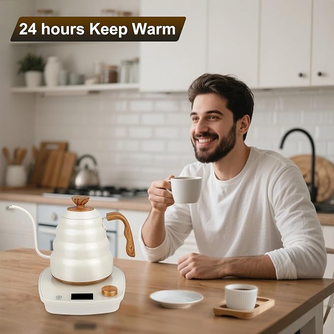 Electric Kettle Gooseneck, Water Electric Kettle with Intelligent Temperature Control Quick Heating 304 Stainless Steel for Coffee Tea Boil Hot Water 1000W 30oz 900ml(Creamy White)