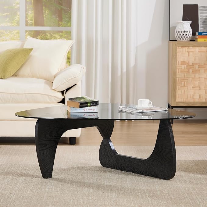 Modern Noguchi Coffee Table, Triangle Coffee Table with Tempered Glass Modern Vintage Glass Tea Table Wood Glass Accent Center Table for Living Room, 44.5”x32”x16.5”, Black Grey