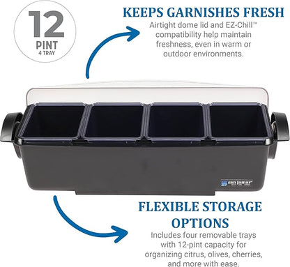 San Jamar Dome Garnish Center 4 Tray with Dome Lid for Kitchen, Bar, and Restaurants, Plastic, 12 Pints, Black
