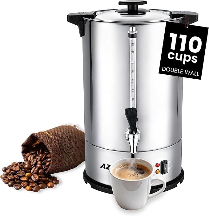Commercial Coffee Maker 110-Cup Large Percolator Coffee Pot Electric Dispenser, Double Wall Stainless Steel Hot Water Urn for Quick Brew with No-Drip, 16L Cup Scale for Catering Events