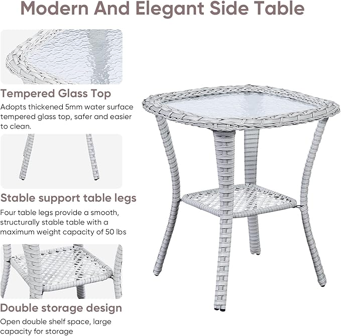 Patio Wicker Side Table, Outdoor PE Rattan End Table with 5mm Tempered Glass Top and 2-Tier Storage Shelf, 20" Square Coffee Table for Deck Porch Garden Backyard-Light Grey
