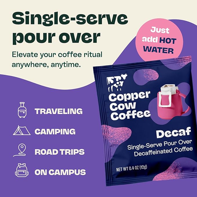Copper Cow Coffee Pour Over Single-Serve Vietnamese Coffee Pouches (8 pack) | Decaf | Dark Roast | Convenient Vietnamese Ground Coffee Packets
