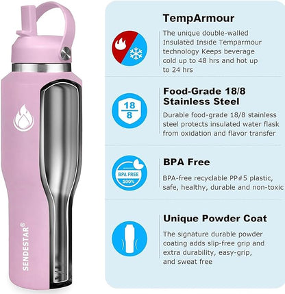 SENDESTAR SENDESTAR 40oz Stainless Steel Water Bottle(Cold for 48 Hrs, Hot for 24 Hrs),Double Wall Vacuum Insulated Bottle with Straw Lid, Spout Lid and Flex Cap, Fit in Any Car Cup Holder