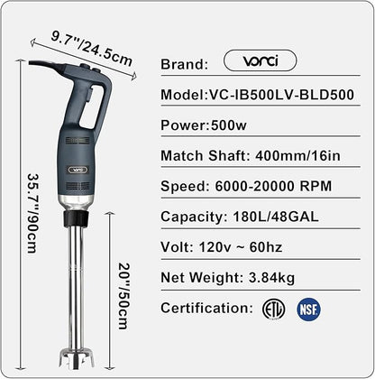 VONCI 500W Commercial Immersion Blender Handheld, 20" 304 Removable Shaft, Heavy Duty Stick Blender with Variable Speed 6000-20000RPM, Long Hand Mixer for Professional Kitchen Use.