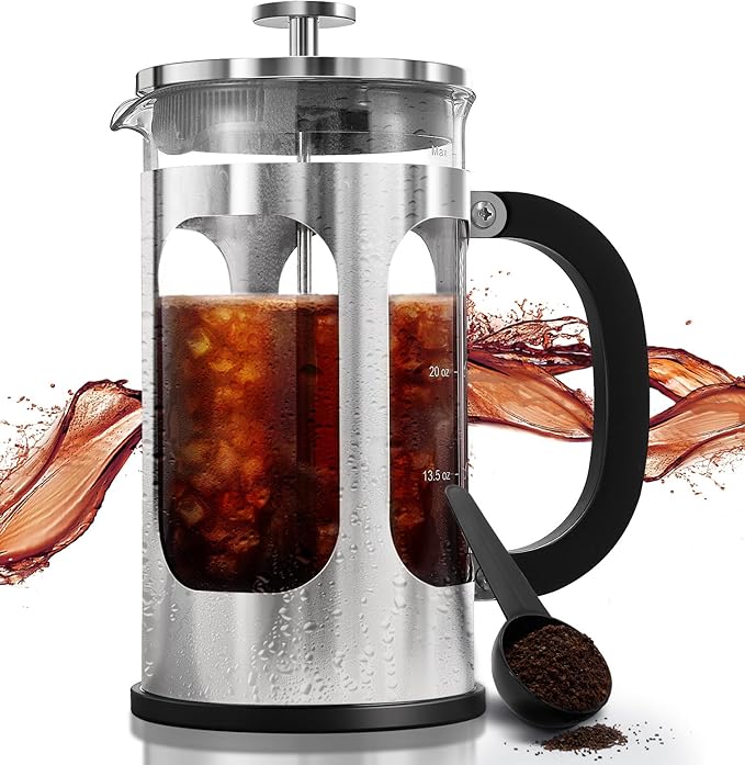 BAYKA 34oz French Press Cold Brew Coffee Maker, Heat and Cold Resistant Thickened Borosilicate Glass Stainless Steel Coffee Press, Iced Coffee Pot Tea Pitcher for Kitchen Travel Camping,1 Liter,Silver