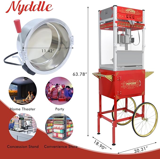 Commercial Popcorn Machine with Cart, Wheels & 20 Oz Kettle,Popcorn Popper Machine Vintage Style Movie Theater Popcorn Maker Machine for Parties, Events, Commercial, and Home Theater