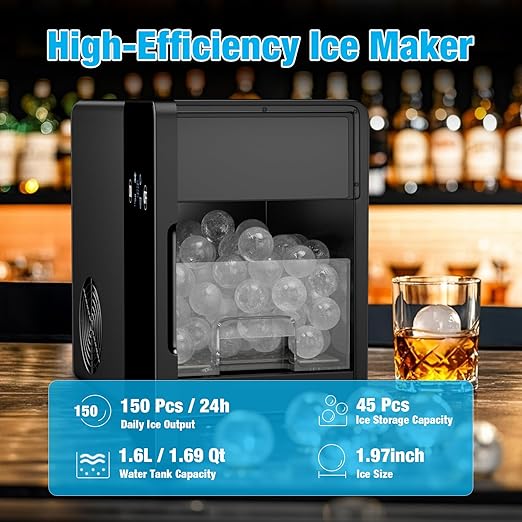 2'' Ice Ball Maker—150 Balls/24H, 1.6L Water Tank, 4 spheres/40mins, Countertop Ice Maker with Smart Alert & LED Panel for Whiskey, Cocktails.