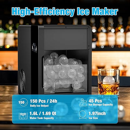 2'' Ice Ball Maker—150 Balls/24H, 1.6L Water Tank, 4 spheres/40mins, Countertop Ice Maker with Smart Alert & LED Panel for Whiskey, Cocktails.