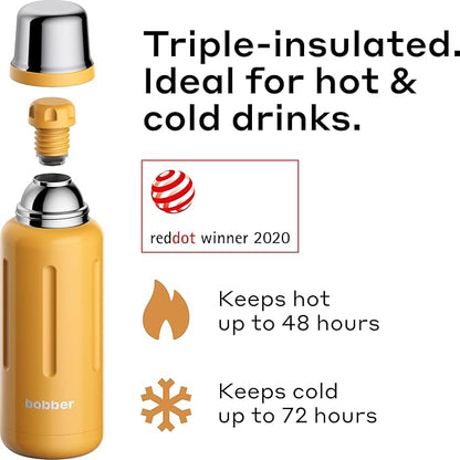 Bobber - 34 oz Vacuum Insulated Stainless Steel Water Bottle with Cup Lid - Dishwasher Safe - Keeps Drinks Hot for 48 Hours and Cold for 72 Hours - Triple Walled Thermo Flask (Ginger Tonic)