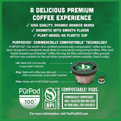 beaniac Organic Downtime Decaf Swiss Water Decaffeinated, Medium Roast, Single Serve Compostable K Cup Coffee Pods, Organic Arabica Coffee, Keurig Brewer Compatible, 30 Count