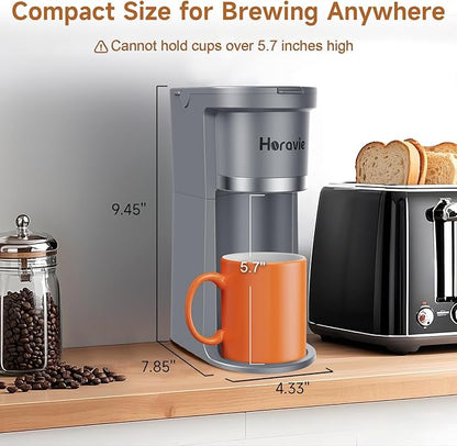 Small Single Serve Coffee Maker, Fast Brew One Cup Coffee Machine for K Cup and Grounds, 6 to 12 oz. Brew Sizes, Capsule Coffee Machine with Descaling Reminder and Viewing Tank, Grey