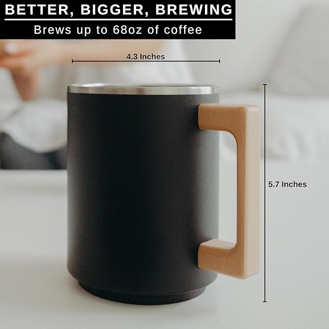 HASTINGS Pour Over Coffee Dripper - Stainless Steel Pour Over Coffee Filter, Metal Paperless Reusable Double Mesh Cone Filter with Wood Handle - Coffee Maker for Single Cup Brew up to 68 OZ (Black)