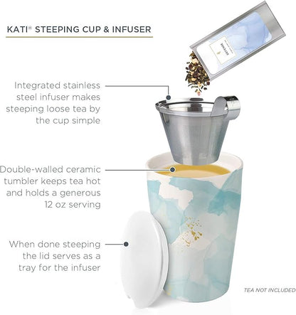 Tea Forte Wellbeing Double-Walled Ceramic Kati Cup with Removable Stainless Steel Infuser Basket and Lid, Steeps 12 oz Loose Leaf Tea, Lid and Cup Dishwasher & Microwave Safe