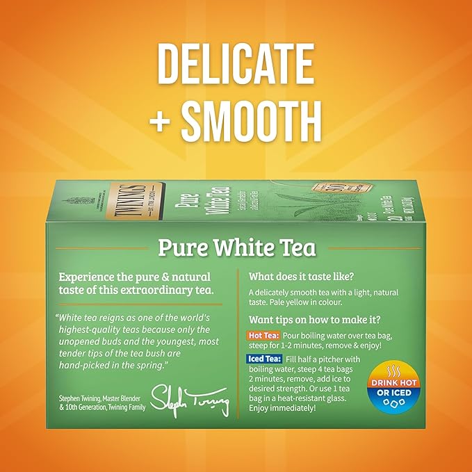 Twinings Pure White Tea Individually Wrapped Bags, 20 Count (Pack of 6), Light & Fresh, Caffeinated, Enjoy Hot or Iced, 120 Teabags