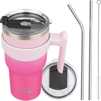 30 oz Tumbler with Handle and 2 Straw 2 Lid, Insulated Water Bottle Stainless Steel Vacuum Cup Reusable Travel Mug, Cherry