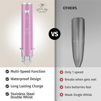 Zulay Kitchen Lux Rechargeable Milk Frother Handheld - Powerful 2-Speed Motor, Fully Waterproof, 2000mAh Battery - Drink Mixer For Latte, Cappuccino, Matcha, Protein Powder - Pink