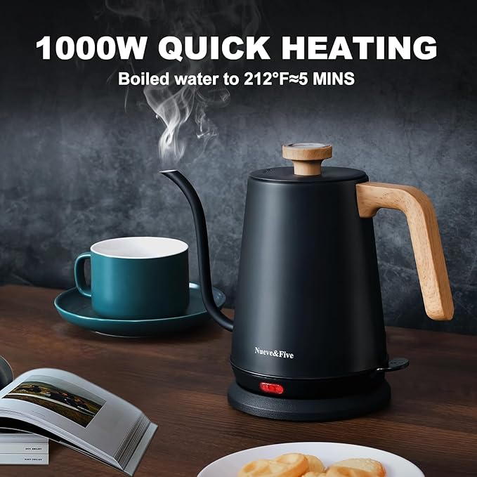 Nueve&Five Gooseneck Electric Kettle with Thermometer， Black Electric Kettle 1L with Auto Shut-Off，1000W Hot Water Kettle of Stainless Steel， Pour Over Kettle for Coffee & Tea