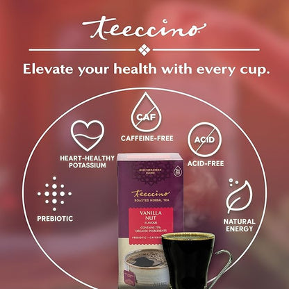 Teeccino Vanilla Nut Herbal Tea - Rich & Roasted Herbal Tea That’s Caffeine Free & Prebiotic for Natural Energy, 25 Tea Bags (Pack of 3)