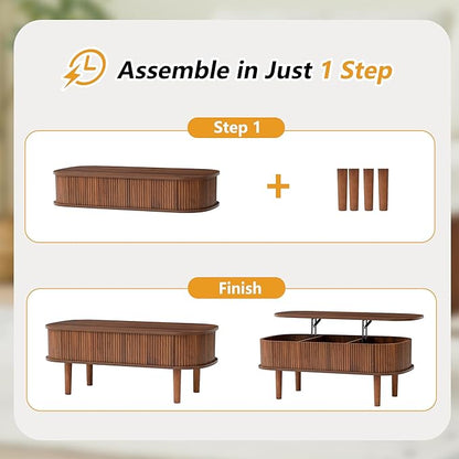 Fluted Lift Top Coffee Table with Hidden Compartment, Fully Assembled Wooden Center Table, Modern Oval Lift Tabletop for Home Living Room Office, Walnut