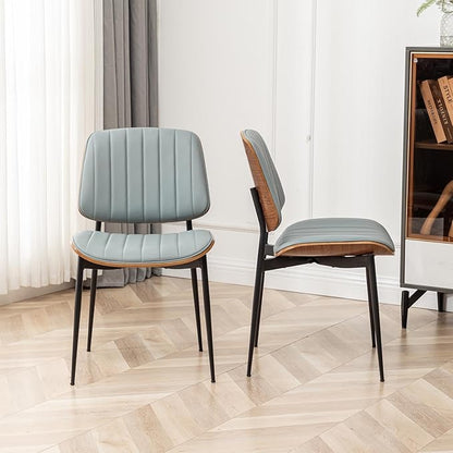 LUNLING Dining Chairs Set of 2,Mid Century Modern Retro Faux Leather Chair with Walnut Bentwood Upholstered Seat Metal Legs Adjustable Foot for Kitchen Dining Room Chairs(Blue)