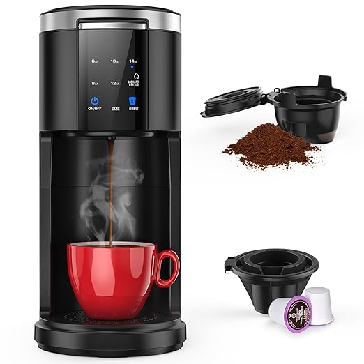 COWSAR Single Serve Coffee Maker, K Cup Coffee Brewer for Capsule and Ground Coffee, Capsule Coffee Machine with 40 Oz Water Tank, Instant-Heat, 5 Brew Sizes Up To 14 Oz, Black