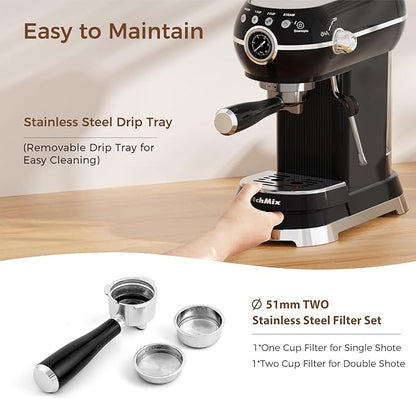 Espresso Machine with Milk Frother, 20 Bar Espresso Maker for Latte and Cappuccino, Expressions Coffee Machine with Removable Water Tank (Glossy dark)