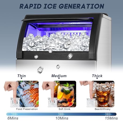 【150LBS/24H + 55 Ice Cubes/10-15 Mins】 Commercial Ice Maker - 50LBS Storage, Stainless Steel, Self-Cleaning for Home Bar Outdoor