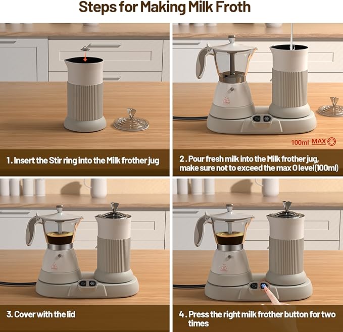 Electric Espresso Machine with Milk Frother 2 in 1 Efficient Moka Pot Coffee Maker with Milkfroth Aluminum One-Touch Operation for Effortless Cappuccinos Lattes Macchiatos White