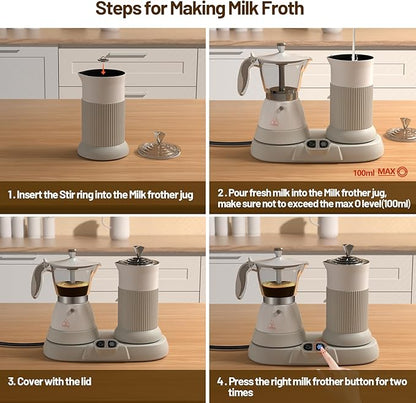 Electric Espresso Machine with Milk Frother 2 in 1 Efficient Moka Pot Coffee Maker with Milkfroth Aluminum One-Touch Operation for Effortless Cappuccinos Lattes Macchiatos White