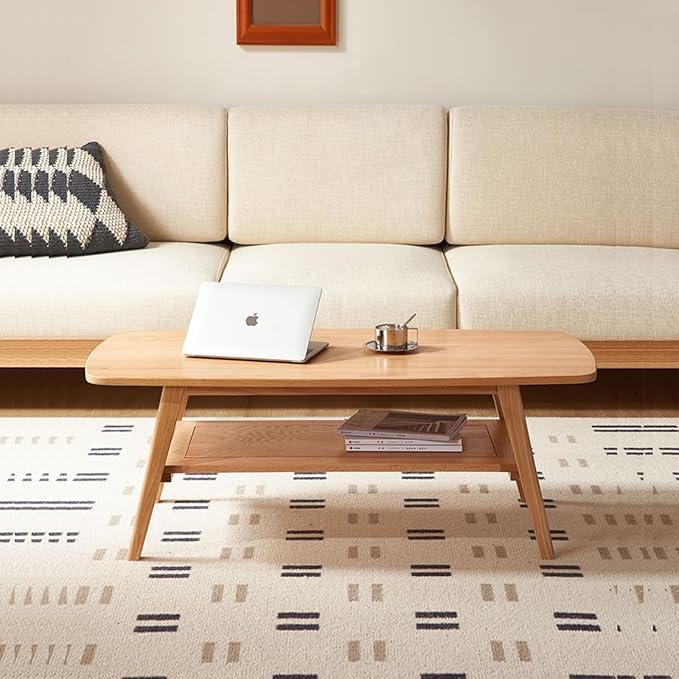 Wood Coffee Table - 2-Tier Oak Center Coffee Table with Storage Shelf for Living Room, Apartment, and Office