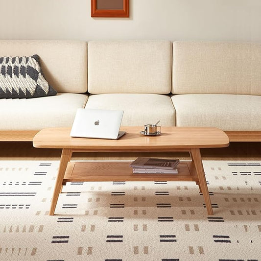 Wood Coffee Table - 2-Tier Oak Center Coffee Table with Storage Shelf for Living Room, Apartment, and Office